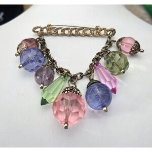 Vintage Bar Brooch PIN Faceted Faux Crystal Dangling Charms Beaded Bead Caps